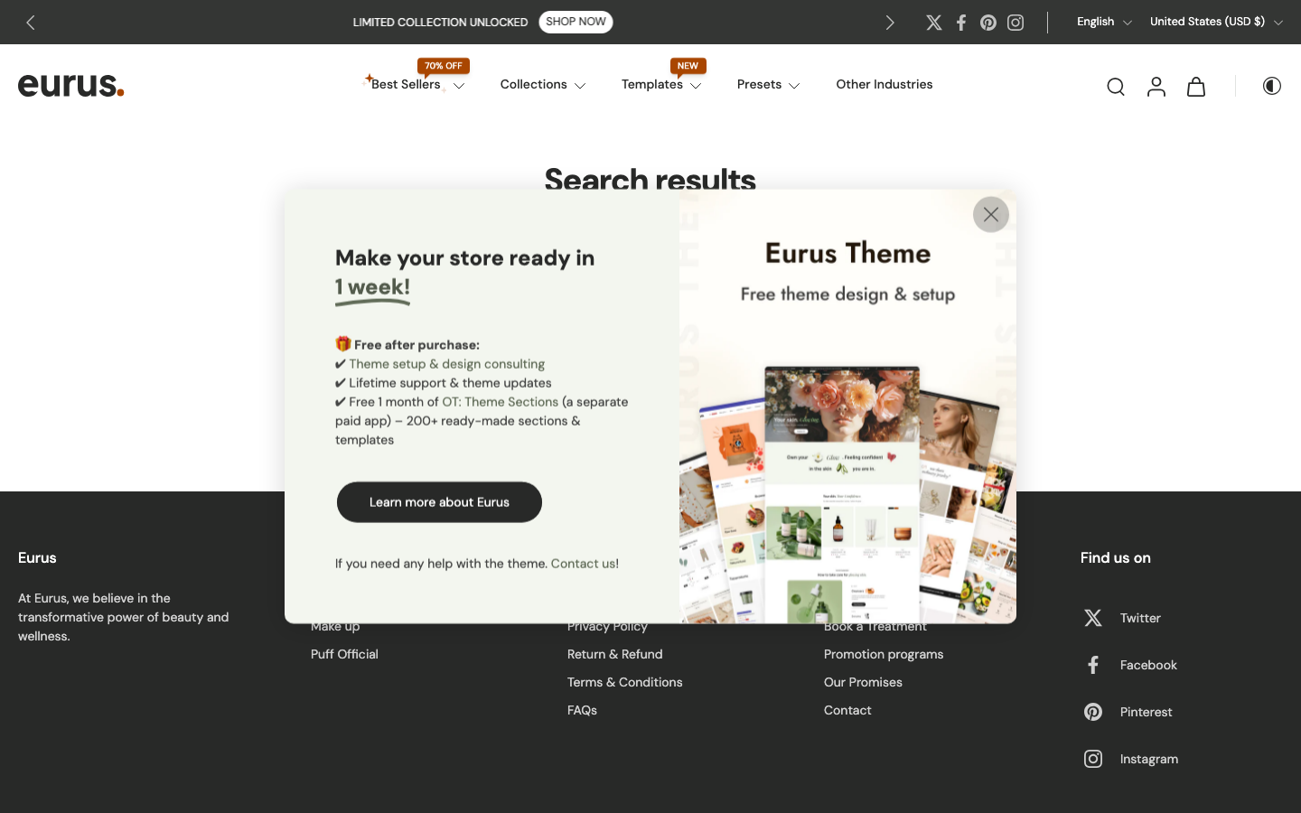Search → panel opened — Navi+ on the Eurus Shopify theme