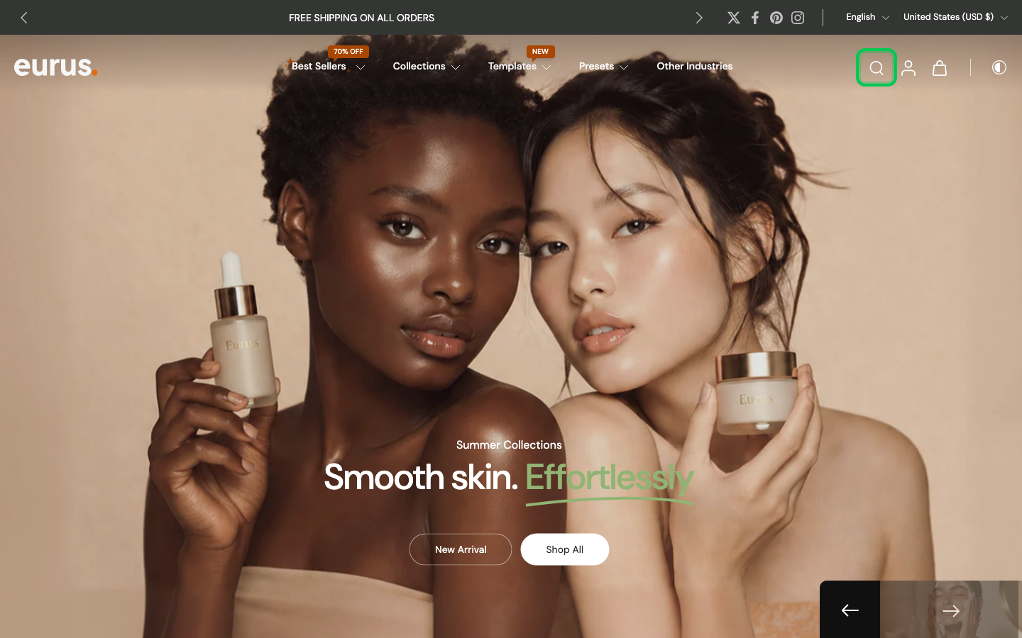 Search → panel opened — Navi+ on the Eurus Shopify theme