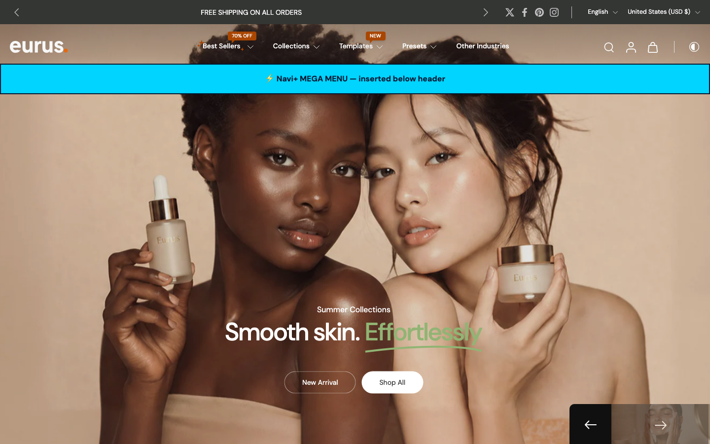 Menu inserted below header — Navi+ on the Eurus Shopify theme