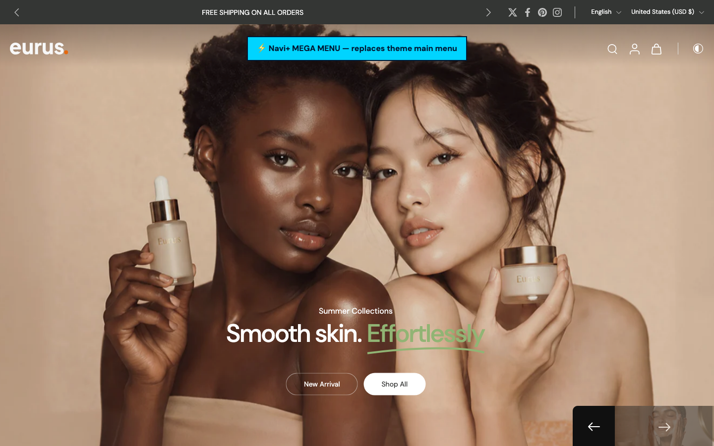 Replace main menu — Navi+ on the Eurus Shopify theme