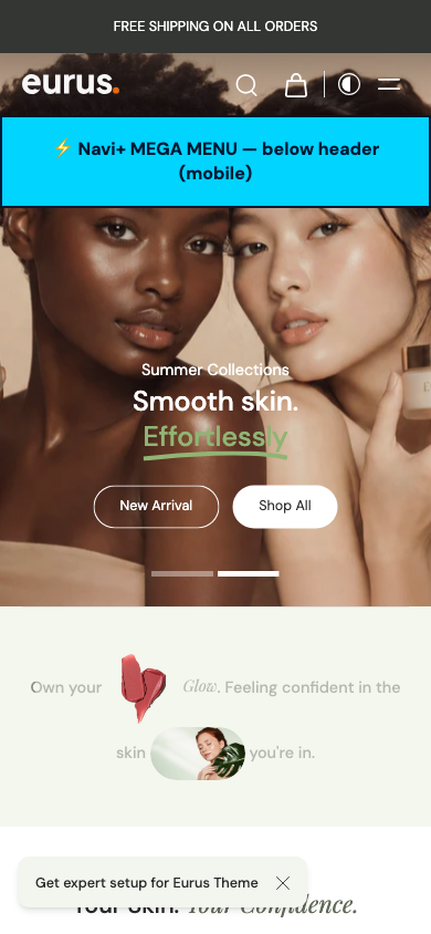 Menu inserted below header — Navi+ on the Eurus Shopify theme