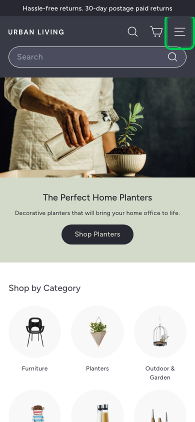 Hamburger → panel opened — Navi+ on the Expanse Shopify theme
