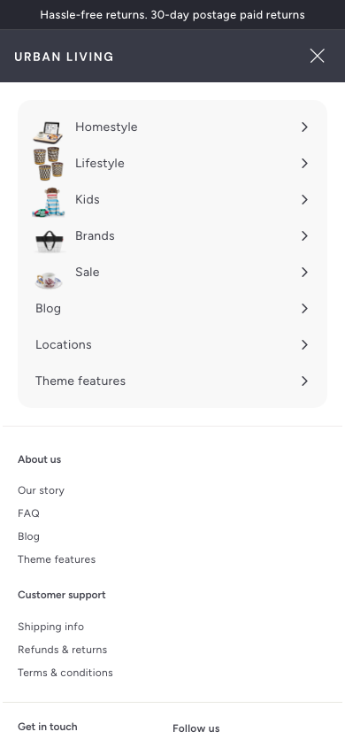 Hamburger → panel opened — Navi+ on the Expanse Shopify theme