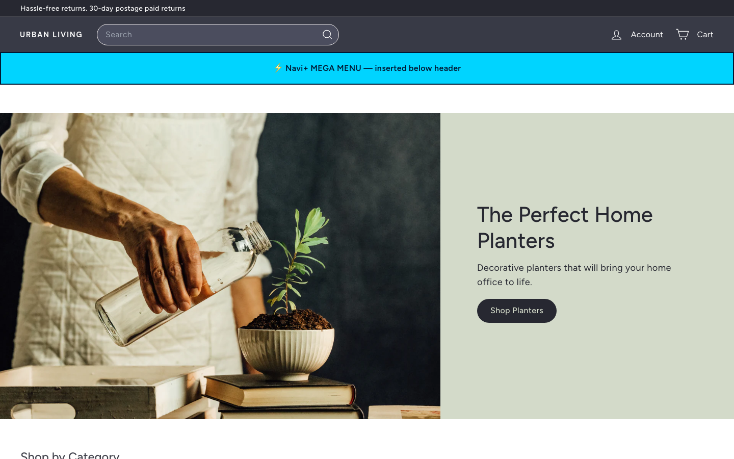 Menu inserted below header — Navi+ on the Expanse Shopify theme