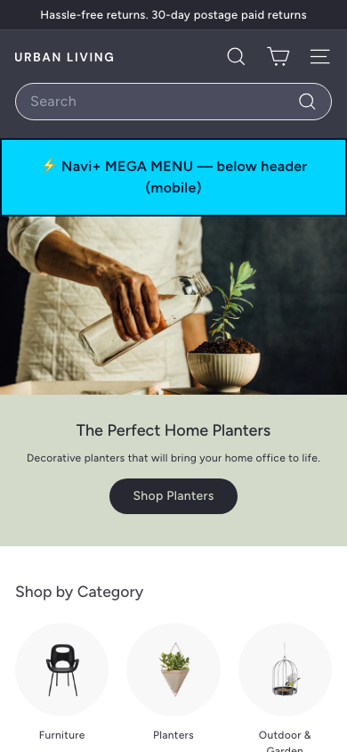 Menu inserted below header — Navi+ on the Expanse Shopify theme