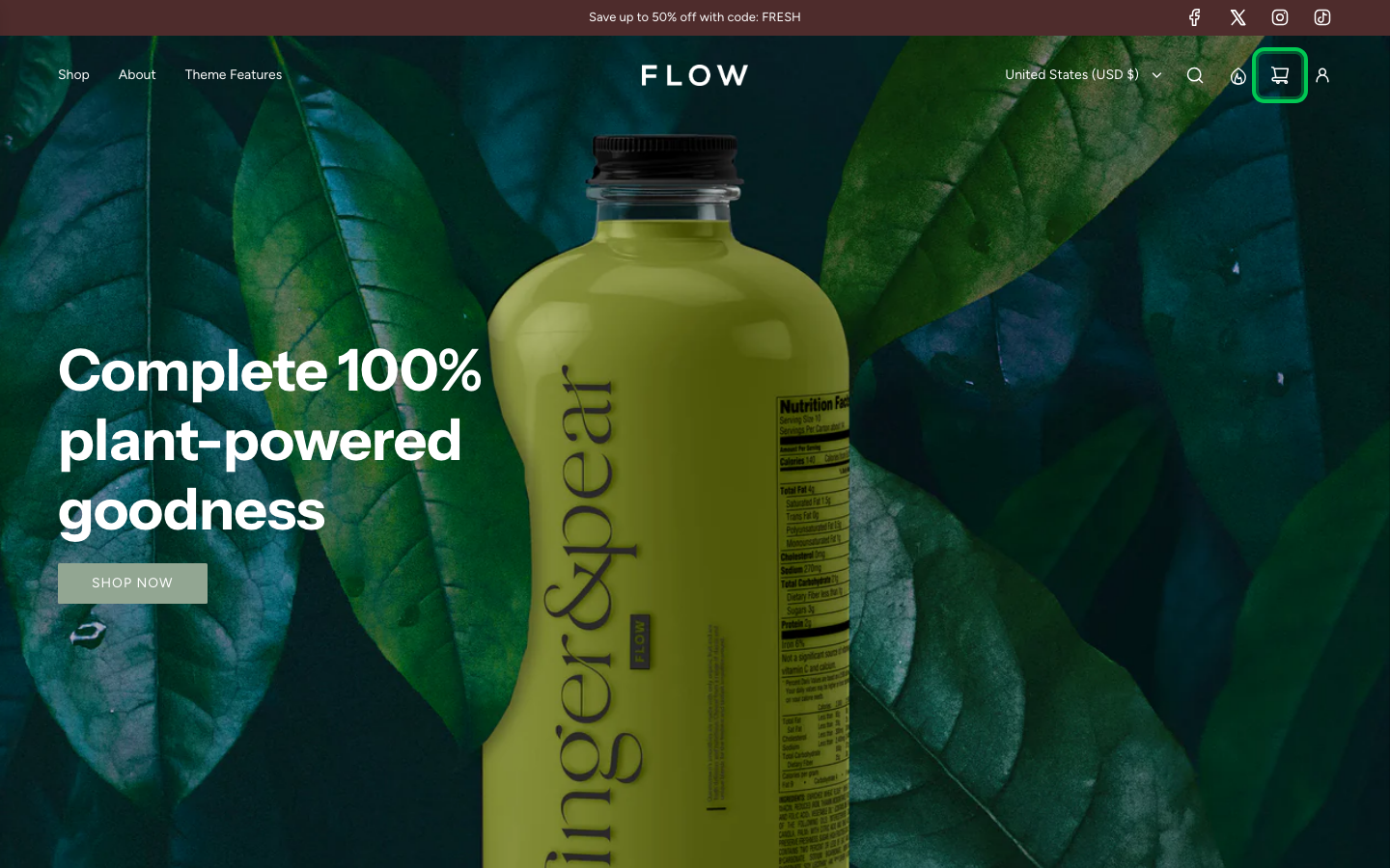 Cart → panel opened — Navi+ on the Flow Shopify theme