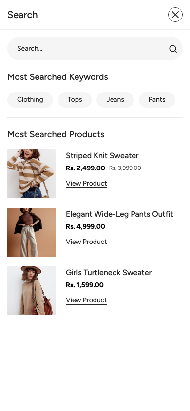 Search → panel opened — Navi+ on the Gravity Shopify theme