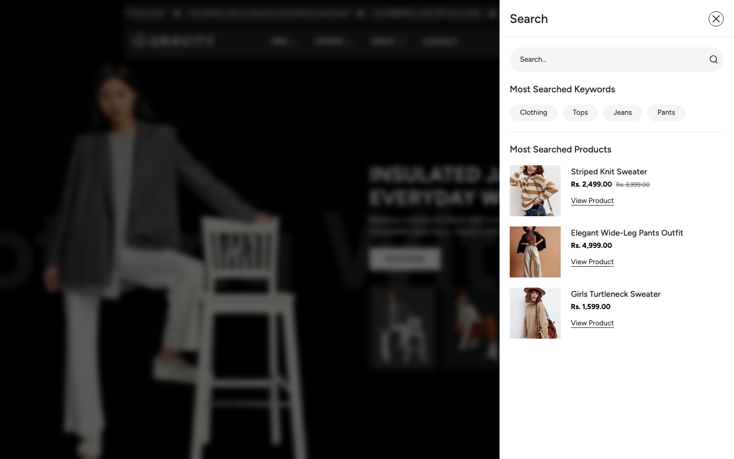 Search → panel opened — Navi+ on the Gravity Shopify theme