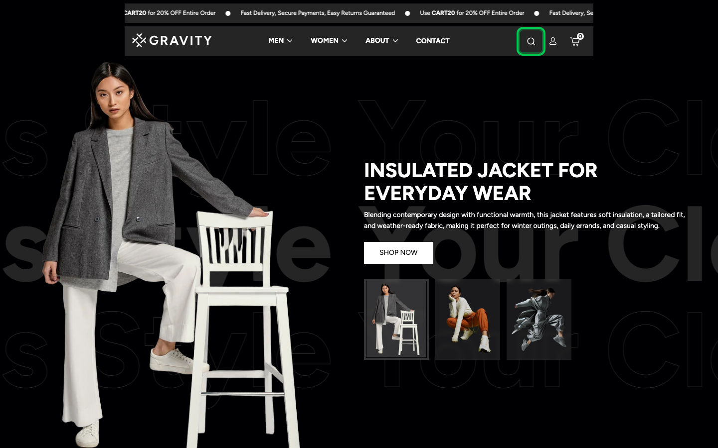Search → panel opened — Navi+ on the Gravity Shopify theme