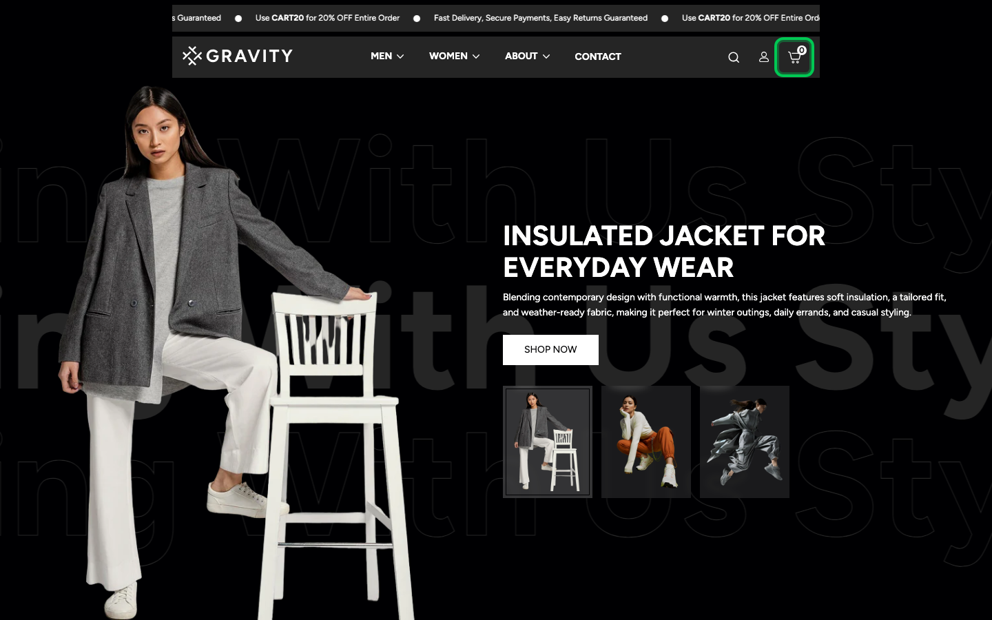 Cart → panel opened — Navi+ on the Gravity Shopify theme