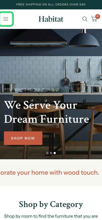 Hamburger → panel opened — Navi+ on the Habitat Shopify theme