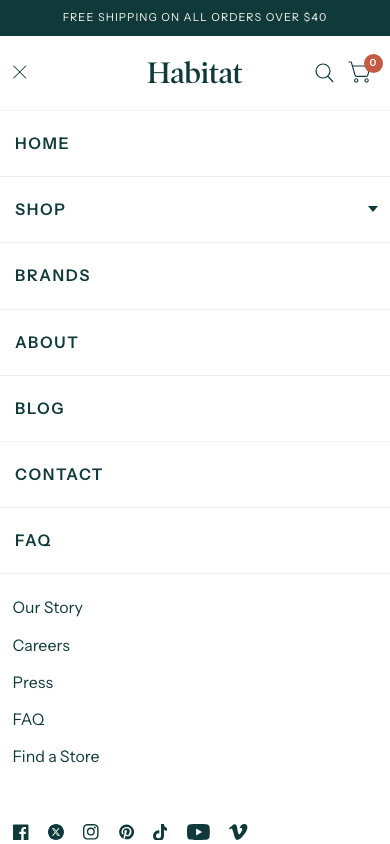 Hamburger → panel opened — Navi+ on the Habitat Shopify theme