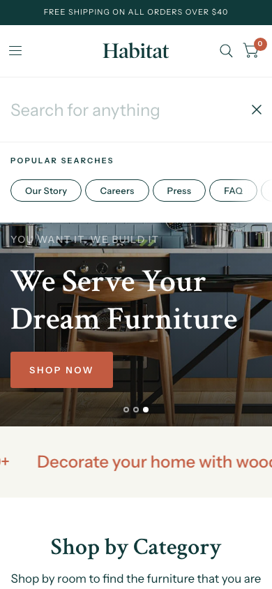 Search → panel opened — Navi+ on the Habitat Shopify theme