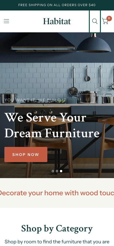 Search → panel opened — Navi+ on the Habitat Shopify theme