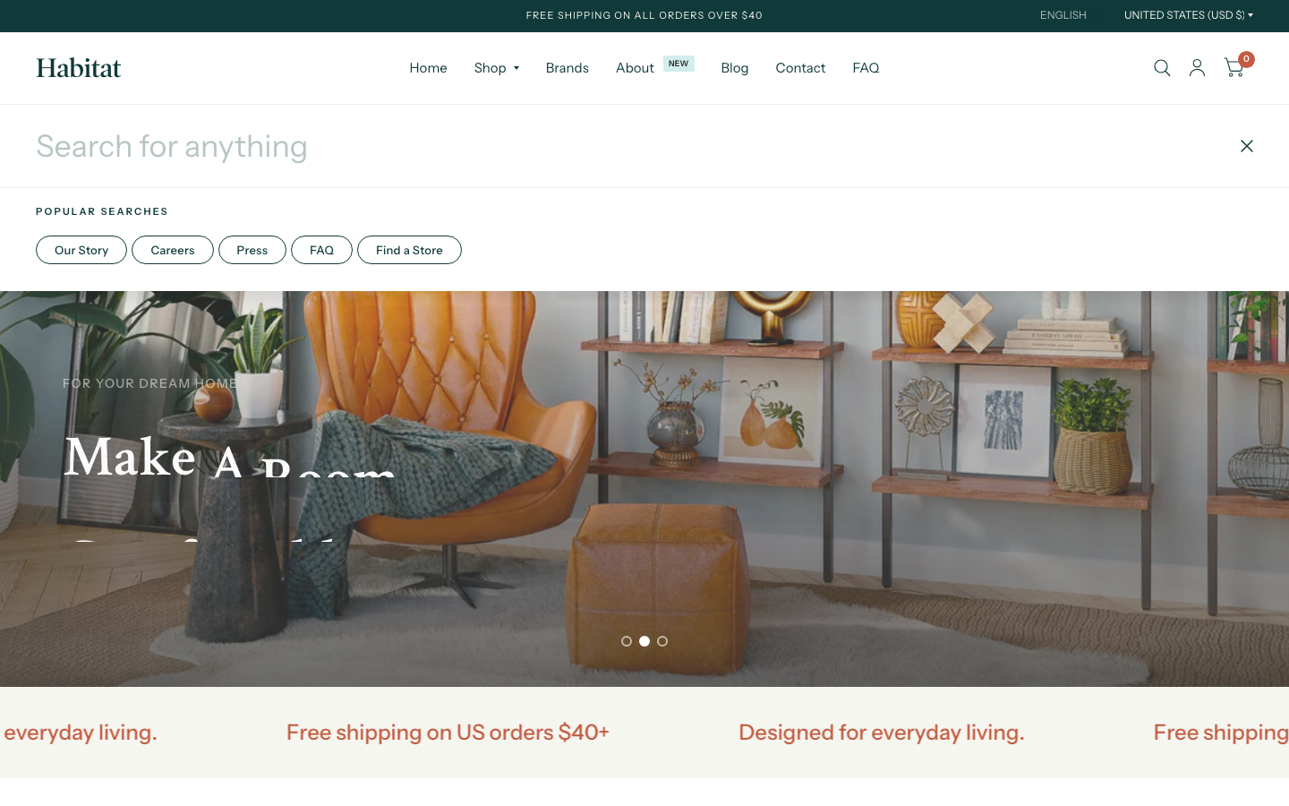 Search → panel opened — Navi+ on the Habitat Shopify theme