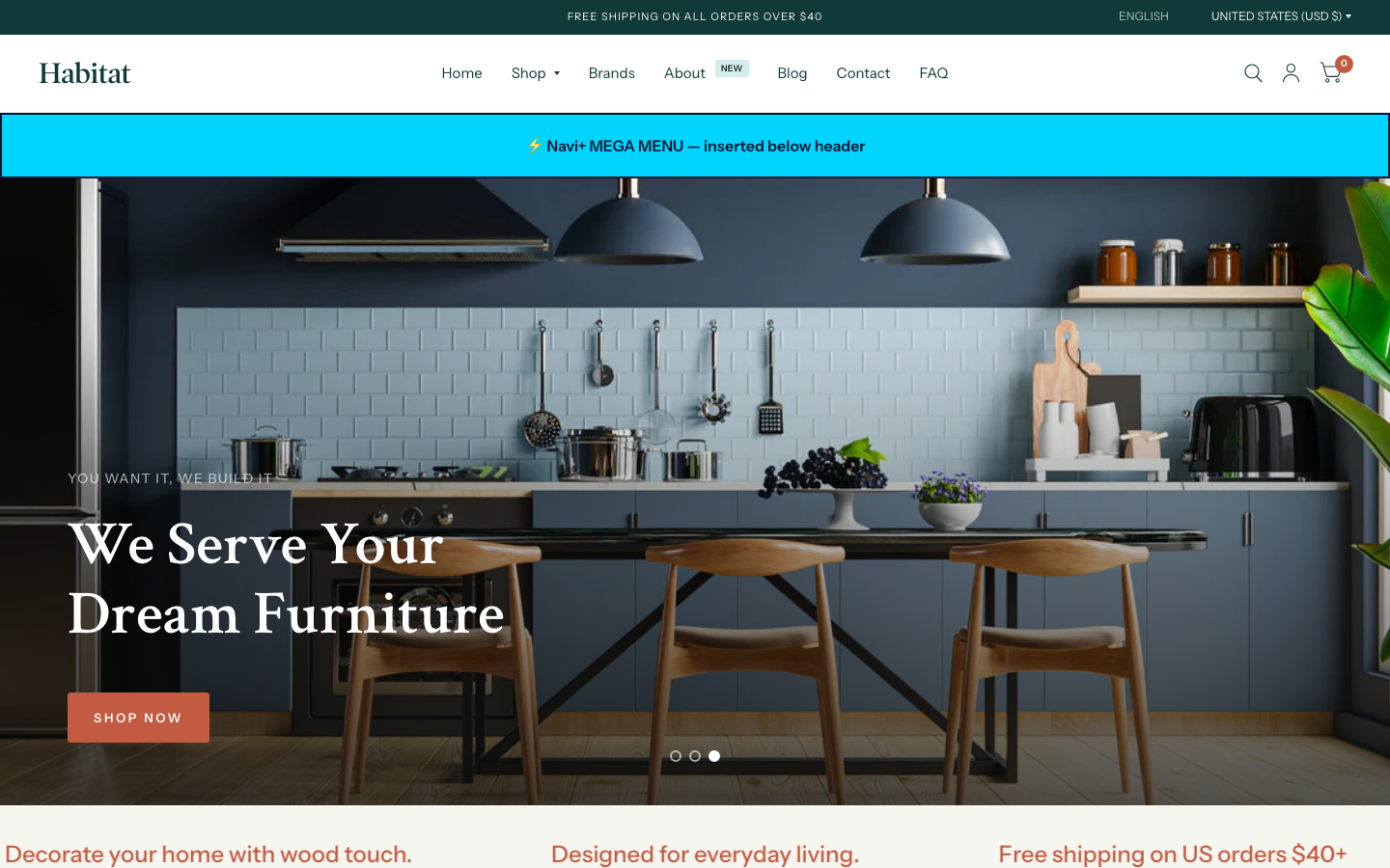 Menu inserted below header — Navi+ on the Habitat Shopify theme