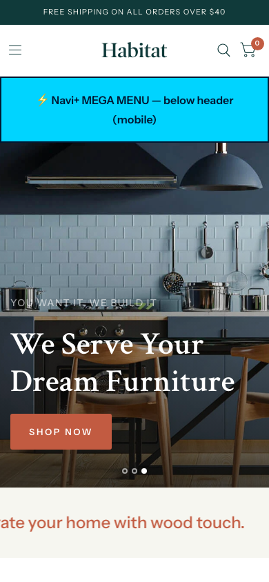 Menu inserted below header — Navi+ on the Habitat Shopify theme