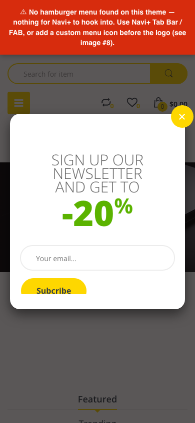 Hamburger → panel opened — Navi+ on the Handy Shopify theme Hamburger → panel opened — Navi+ on the Handy Shopify theme