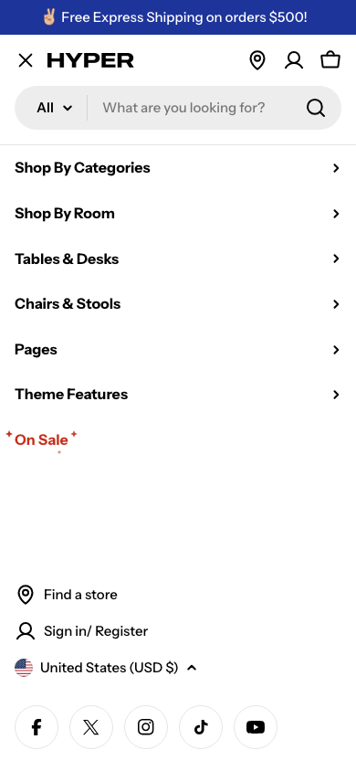 Hamburger → panel opened — Navi+ on the Hyper Shopify theme Hamburger → panel opened — Navi+ on the Hyper Shopify theme