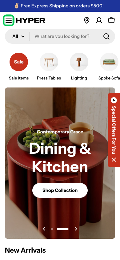 Hamburger → panel opened — Navi+ on the Hyper Shopify theme Hamburger → panel opened — Navi+ on the Hyper Shopify theme