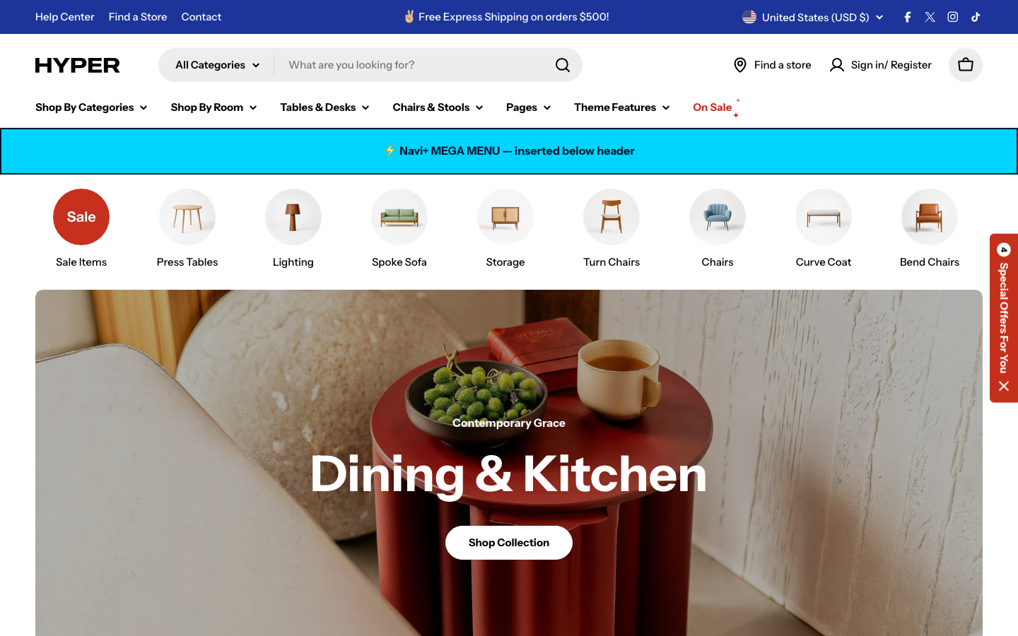 Menu inserted below header — Navi+ on the Hyper Shopify theme Menu inserted below header — Navi+ on the Hyper Shopify theme