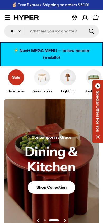 Menu inserted below header — Navi+ on the Hyper Shopify theme Menu inserted below header — Navi+ on the Hyper Shopify theme