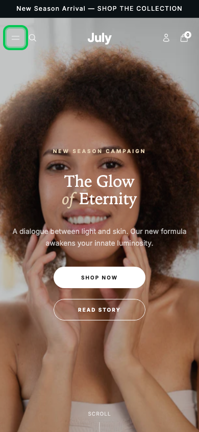 Hamburger → panel opened — Navi+ on the July Shopify theme
