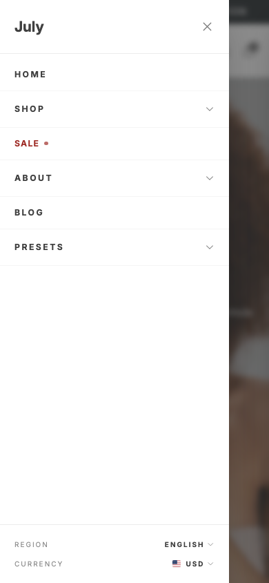 Hamburger → panel opened — Navi+ on the July Shopify theme