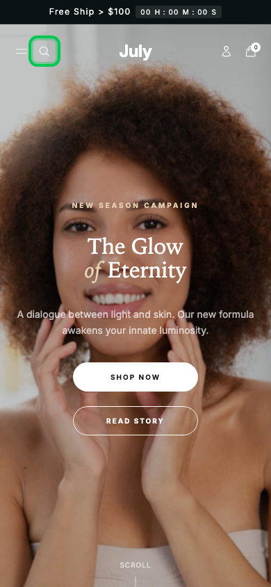 Search → panel opened — Navi+ on the July Shopify theme