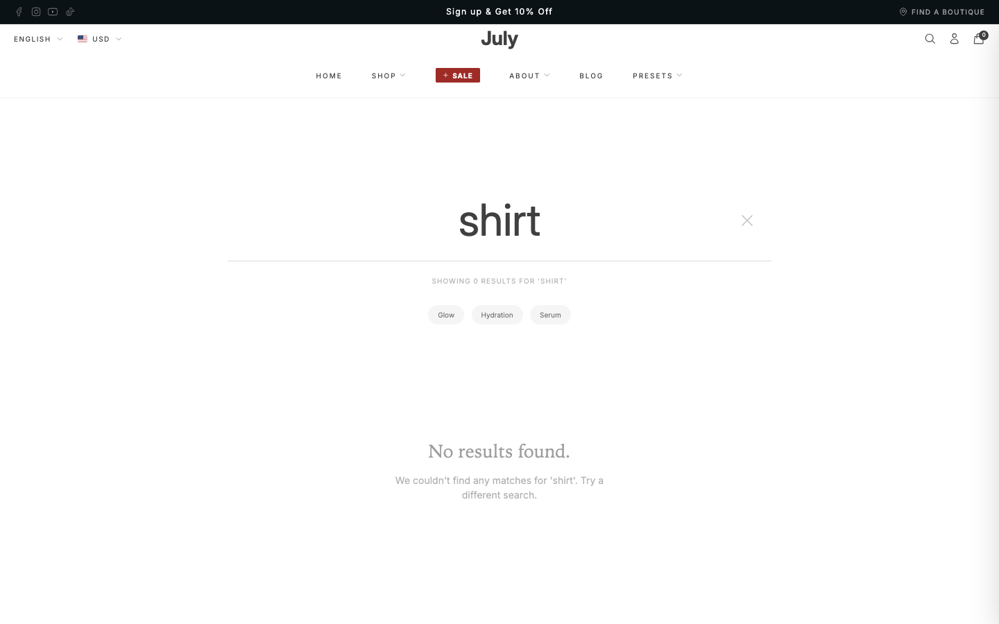 Search → panel opened — Navi+ on the July Shopify theme