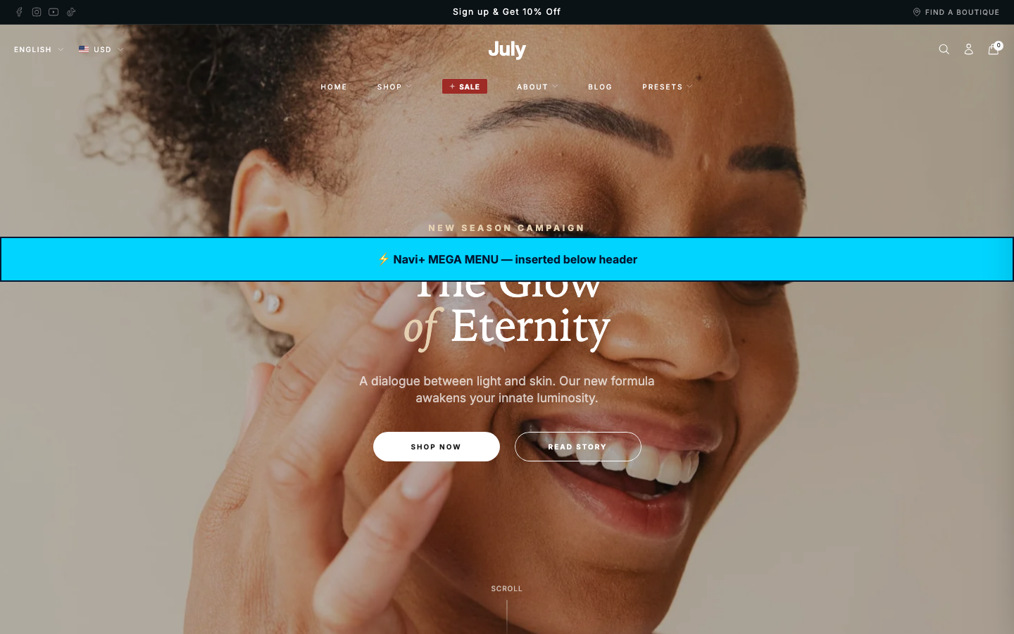 Menu inserted below header — Navi+ on the July Shopify theme