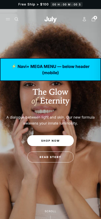 Menu inserted below header — Navi+ on the July Shopify theme