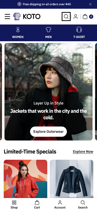 Search → panel opened — Navi+ on the Koto Shopify theme