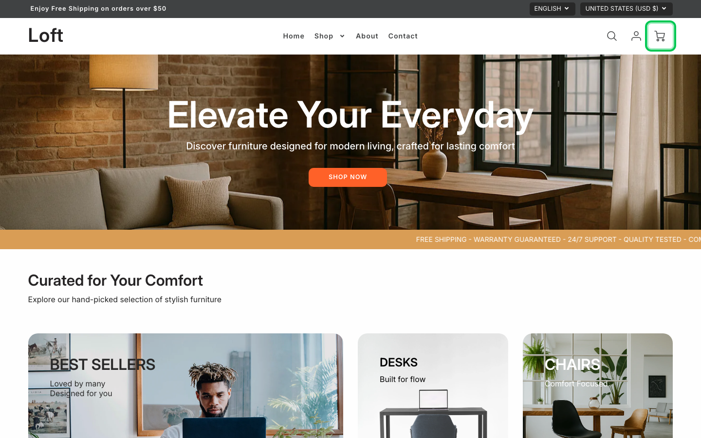 Cart → panel opened — Navi+ on the Loft Shopify theme