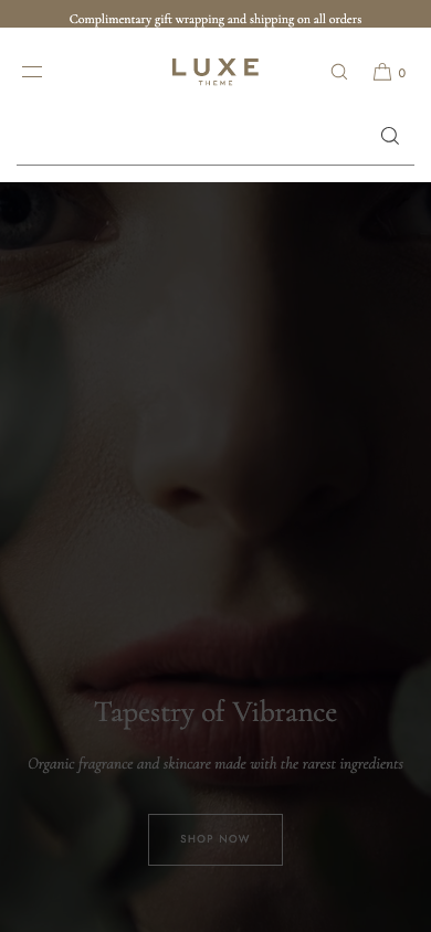 Search → panel opened — Navi+ on the Luxe Shopify theme