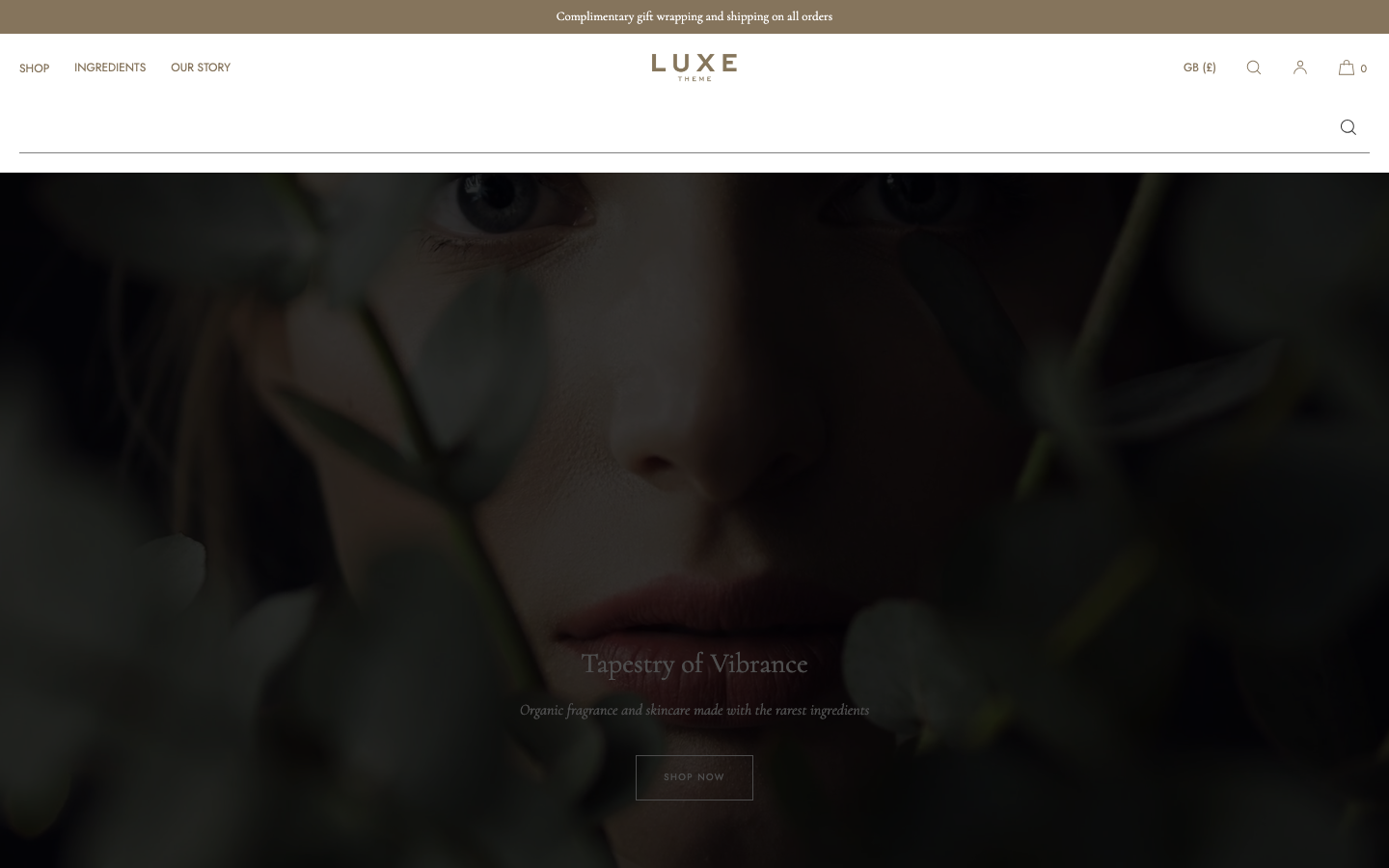 Search → panel opened — Navi+ on the Luxe Shopify theme