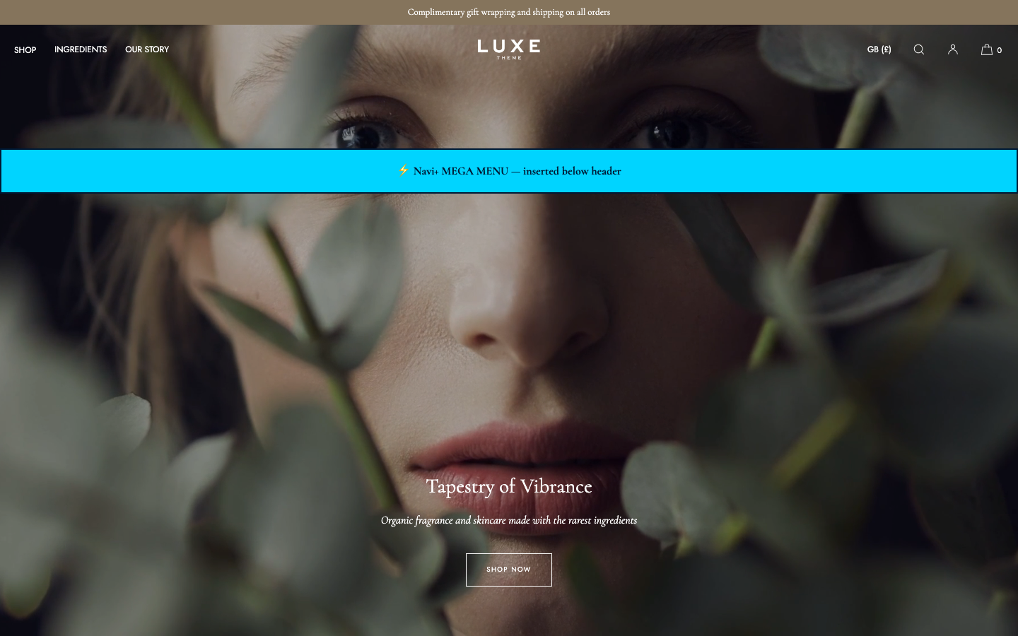 Menu inserted below header — Navi+ on the Luxe Shopify theme