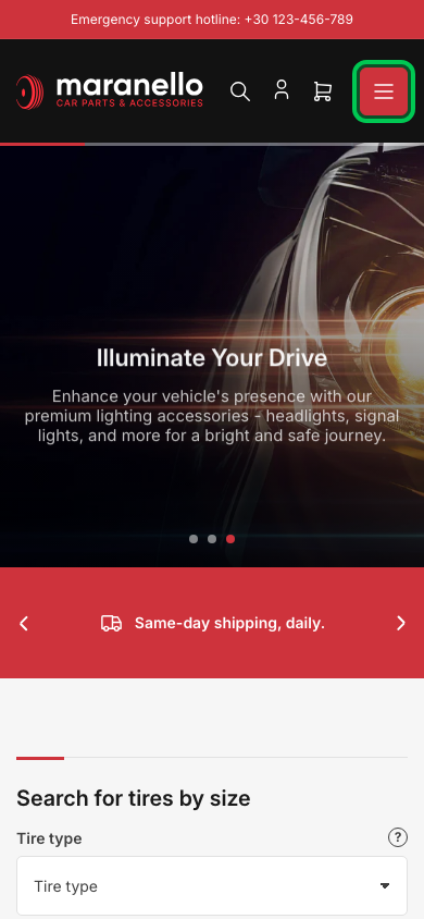 Hamburger → panel opened — Navi+ on the Maranello Shopify theme