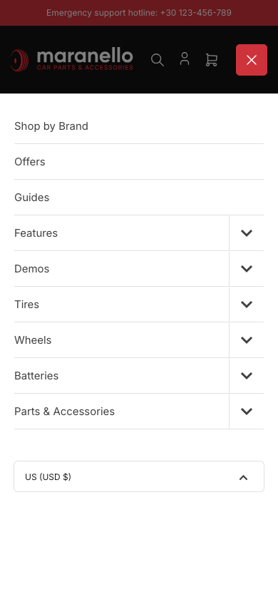 Hamburger → panel opened — Navi+ on the Maranello Shopify theme