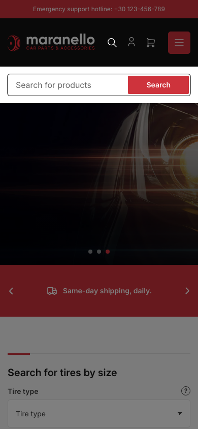 Search → panel opened — Navi+ on the Maranello Shopify theme