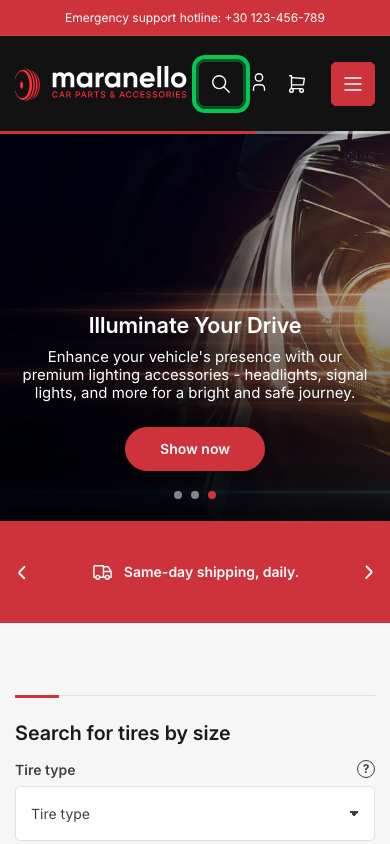 Search → panel opened — Navi+ on the Maranello Shopify theme