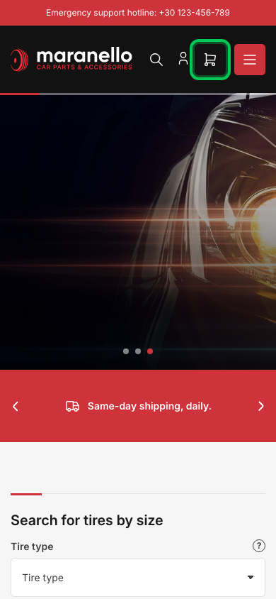 Cart → panel opened — Navi+ on the Maranello Shopify theme