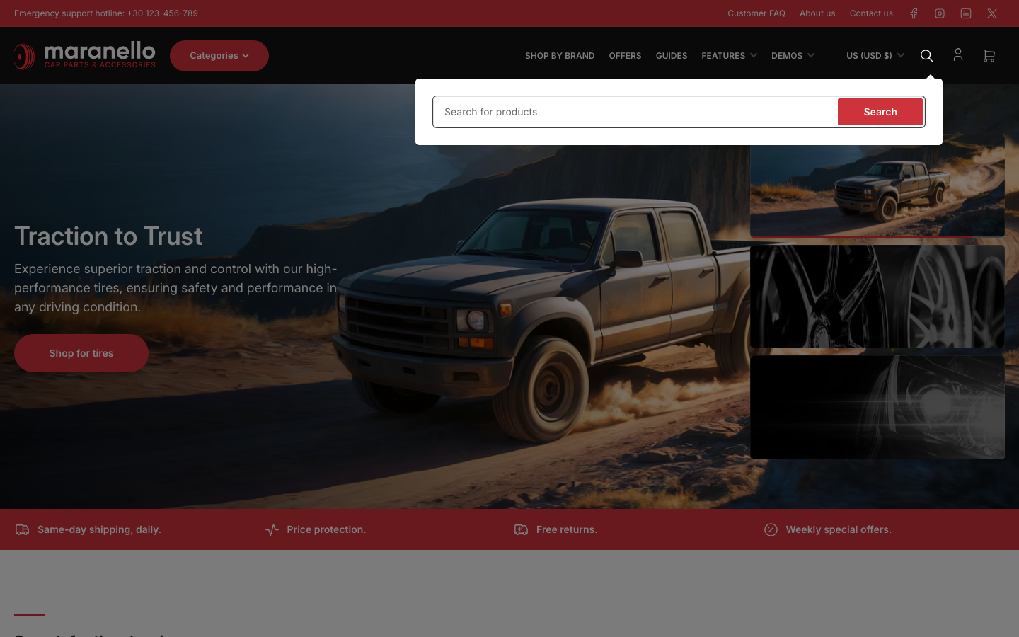 Search → panel opened — Navi+ on the Maranello Shopify theme