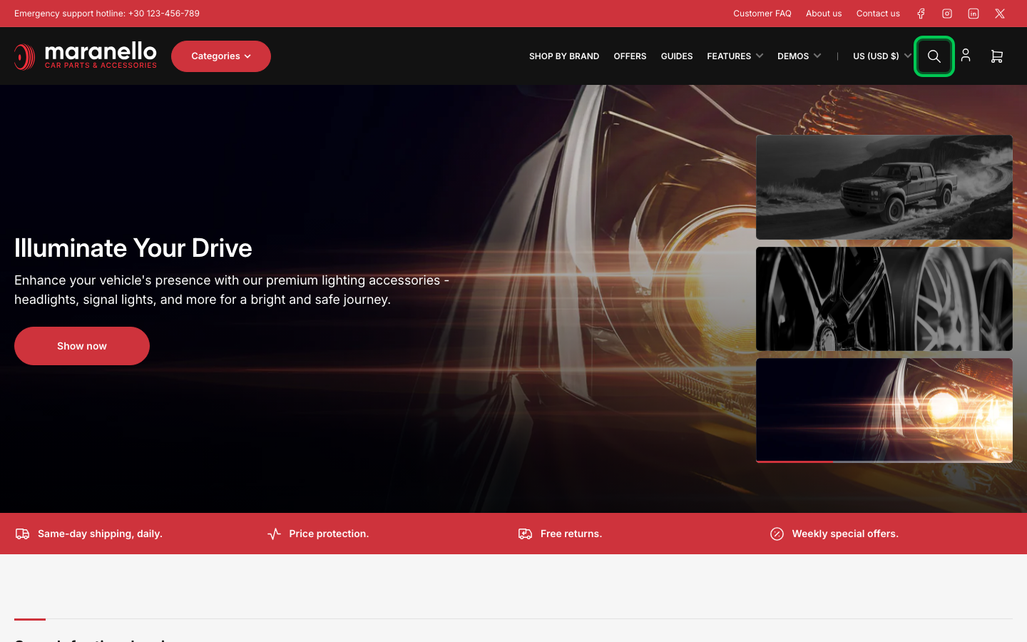 Search → panel opened — Navi+ on the Maranello Shopify theme