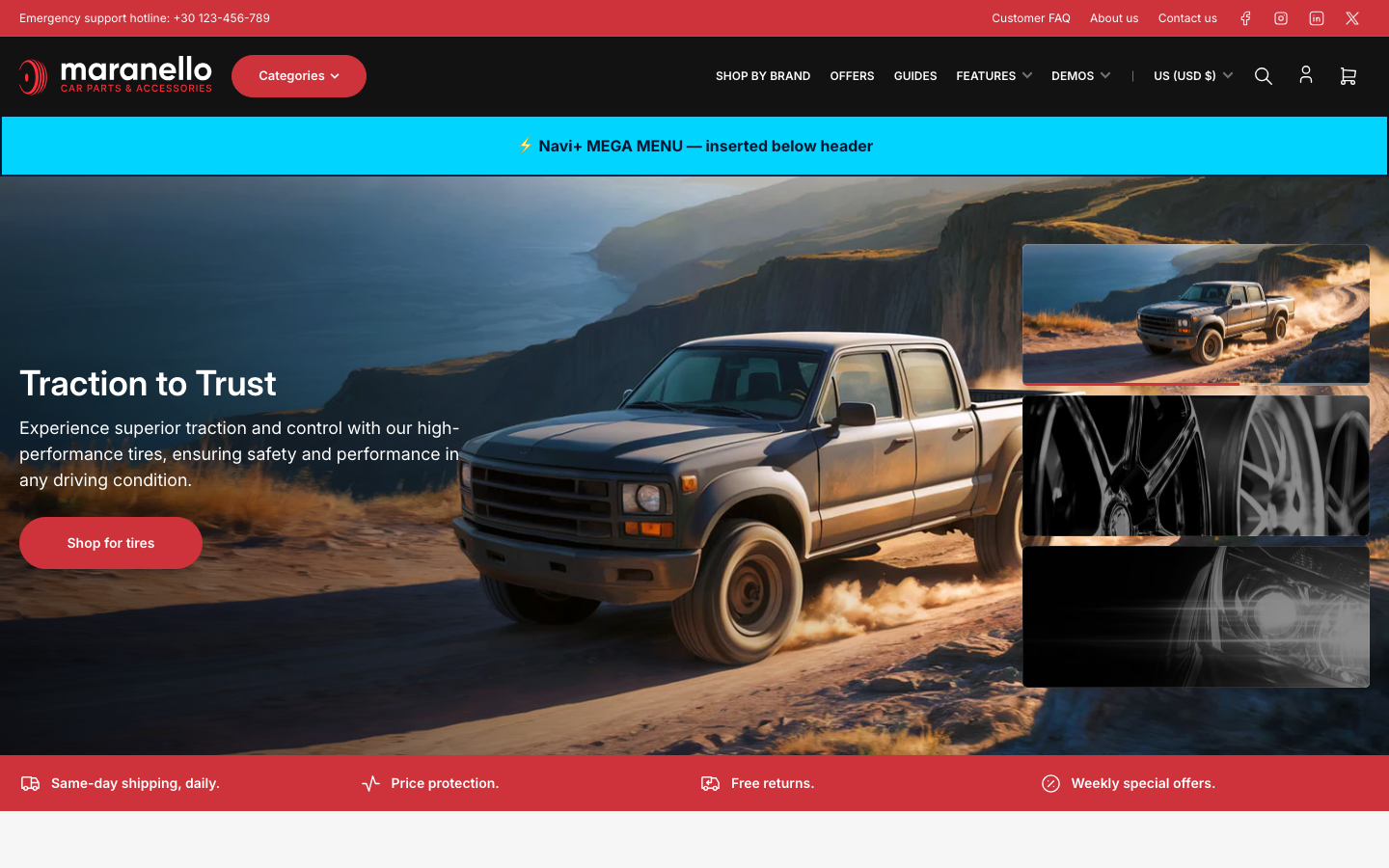 Menu inserted below header — Navi+ on the Maranello Shopify theme
