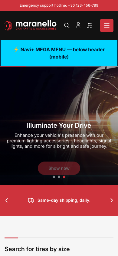 Menu inserted below header — Navi+ on the Maranello Shopify theme