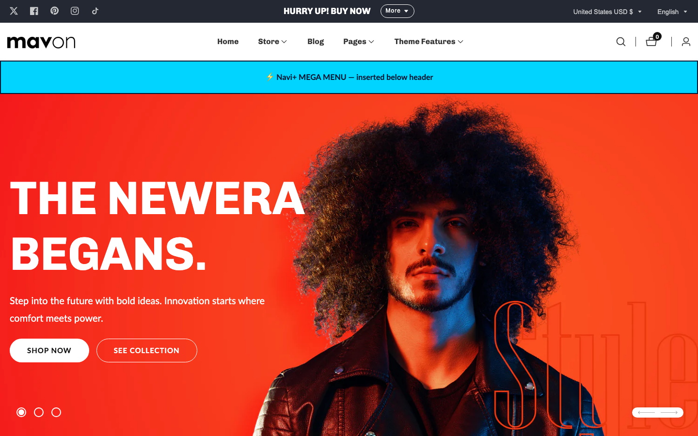 Menu inserted below header — Navi+ on the Mavon Shopify theme