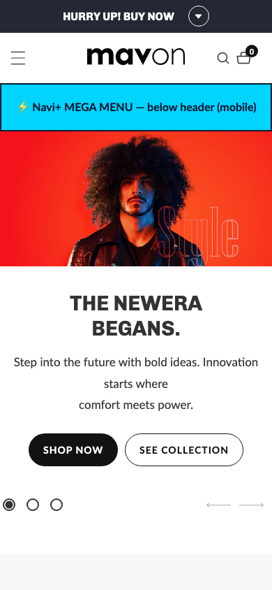 Menu inserted below header — Navi+ on the Mavon Shopify theme