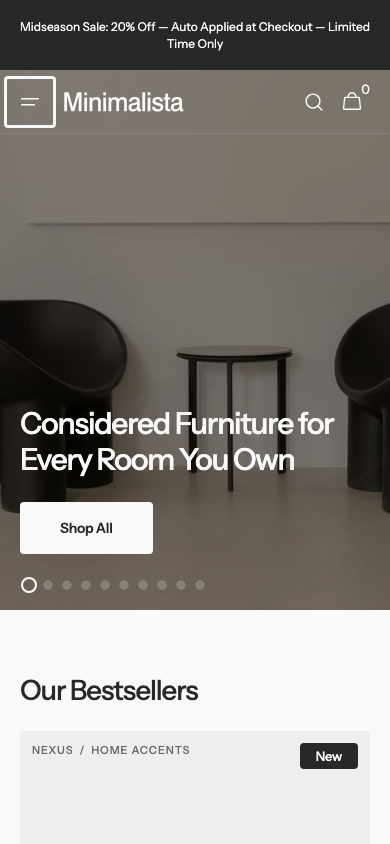 Hamburger → panel opened — Navi+ on the Minimalista Shopify theme
