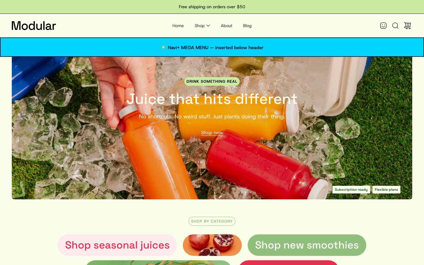 Menu inserted below header — Navi+ on the Modular Shopify theme Menu inserted below header — Navi+ on the Modular Shopify theme